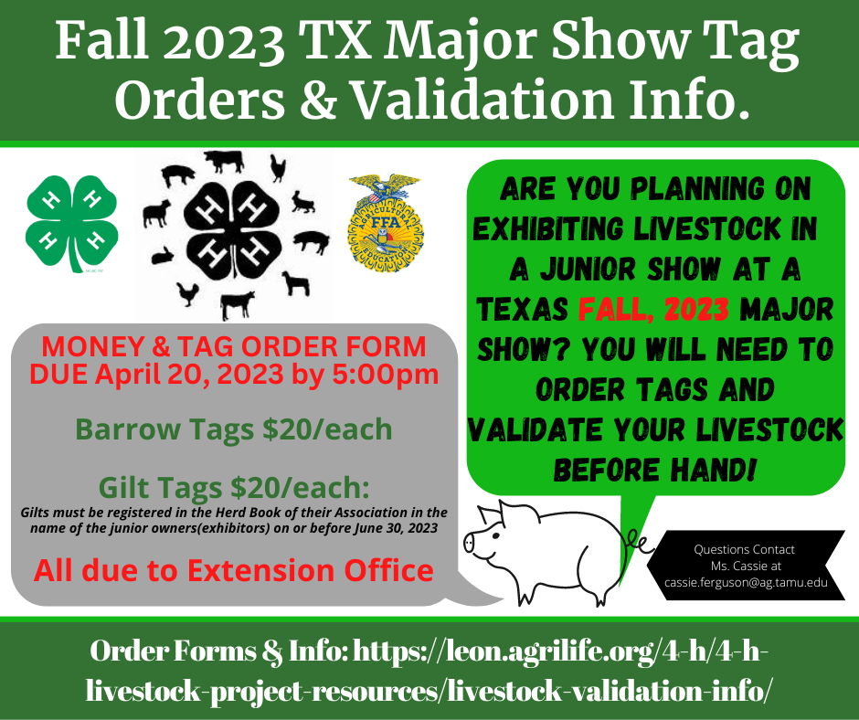 2023 Fall Major Show Swine Tag Orders due 4-20-23