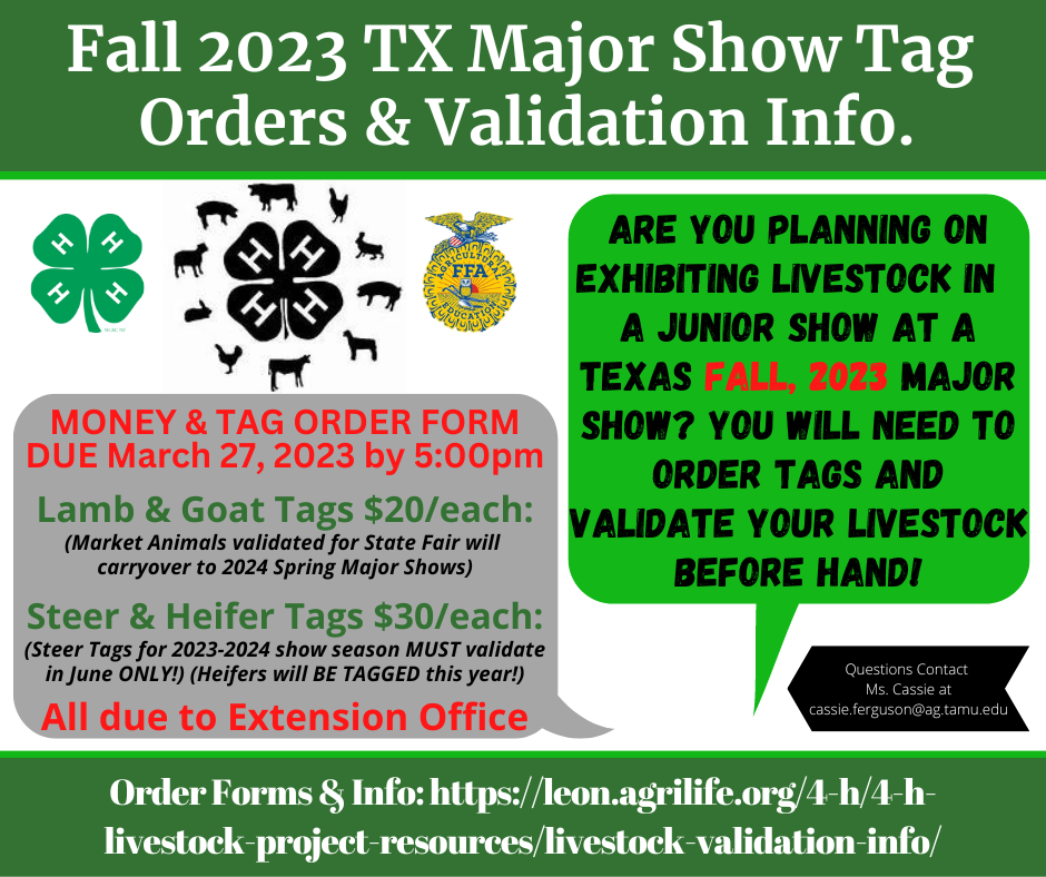 2023 Fall Major Show Tag orders due 3-27 for lamb, goat, steer, & heifer