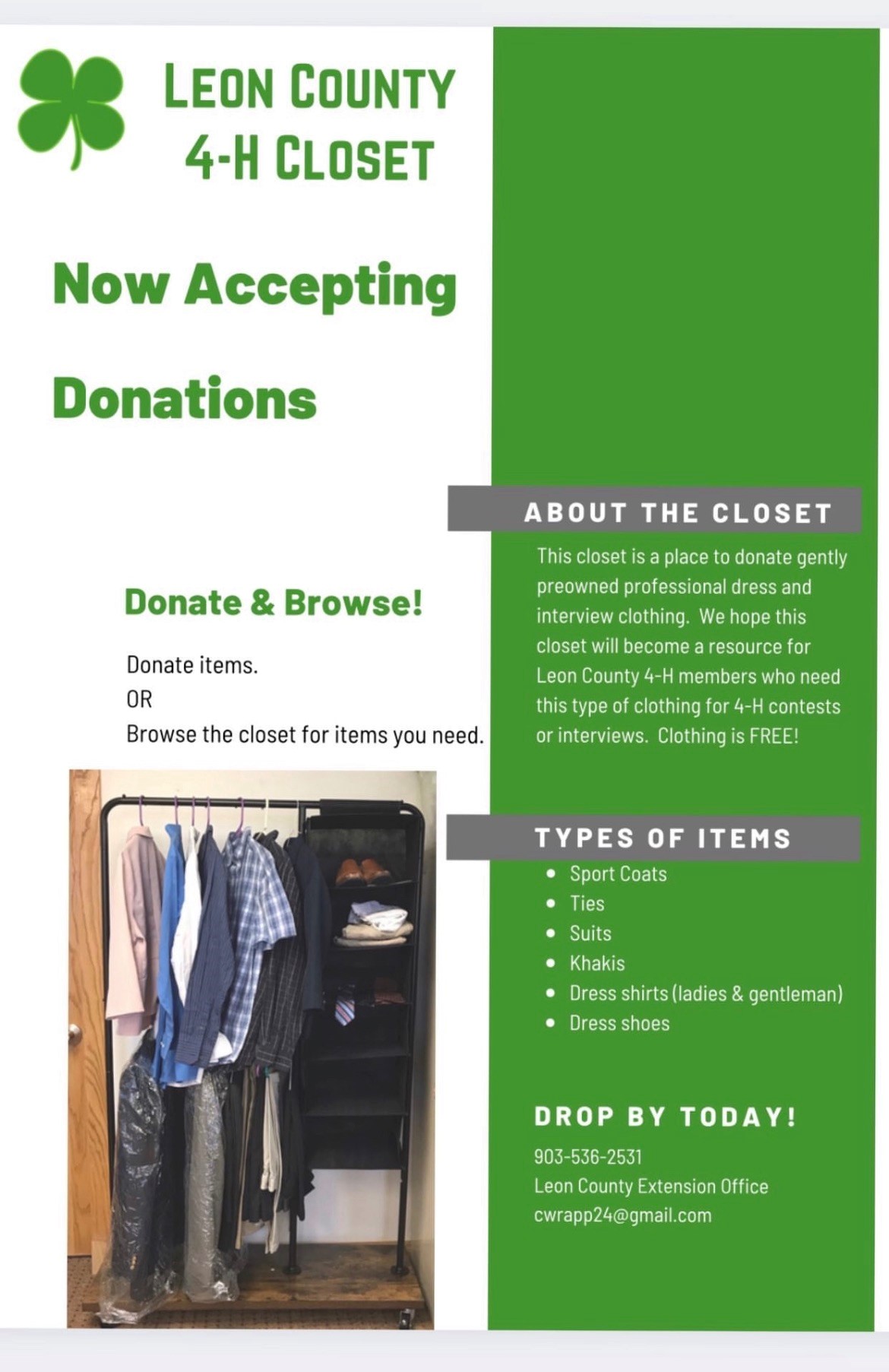 Leon County 4-H CLOSET- Donate or Browse Clothes at Extension Office)