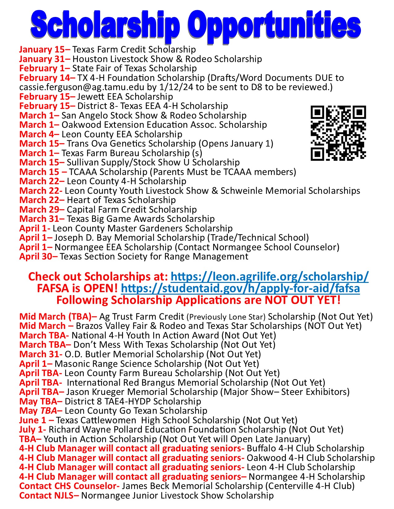 Scholarship Opportunities Updated 1-10-2024