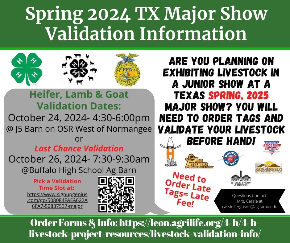 Major Show Validations- lamb, goat, & heifer- October, 2024 for Spring, 2025